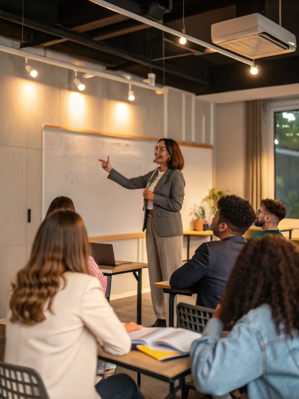 A professional educator is teaching a class on digital marketing to a group of adult learners in a modern classroom setting. The scene is brightly lit, and the students are engaged and taking notes.