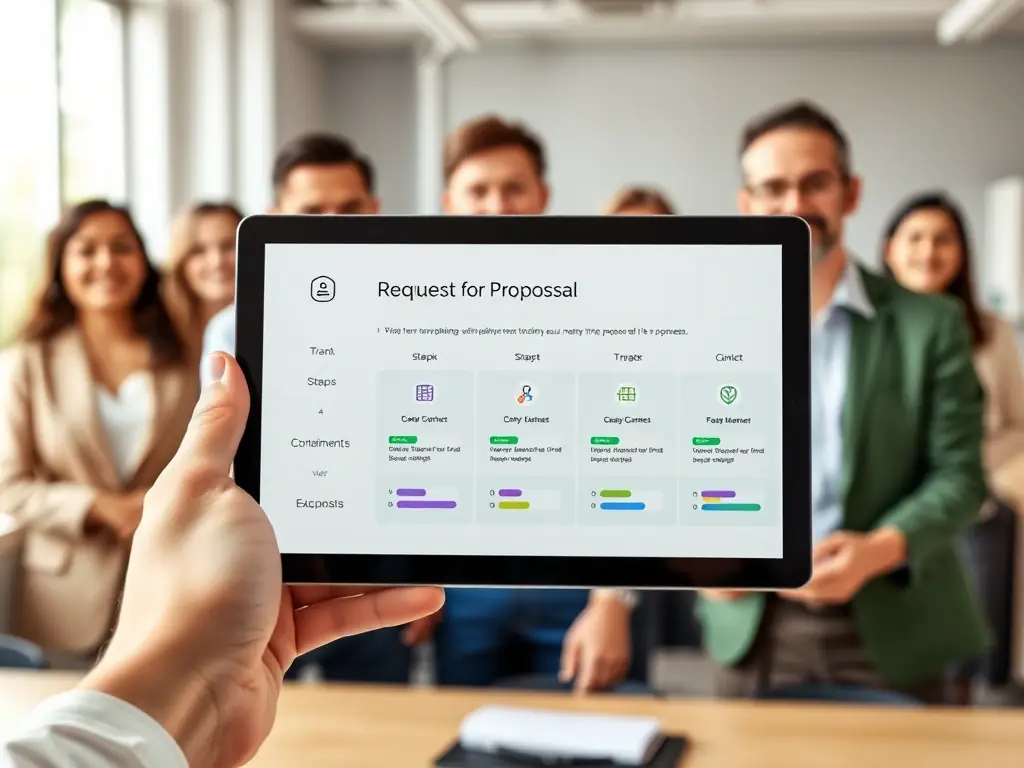 An image showing a simplified RFP process on a tablet, highlighting the ease of use and efficiency of Launch's procurement system. The background includes happy clients.