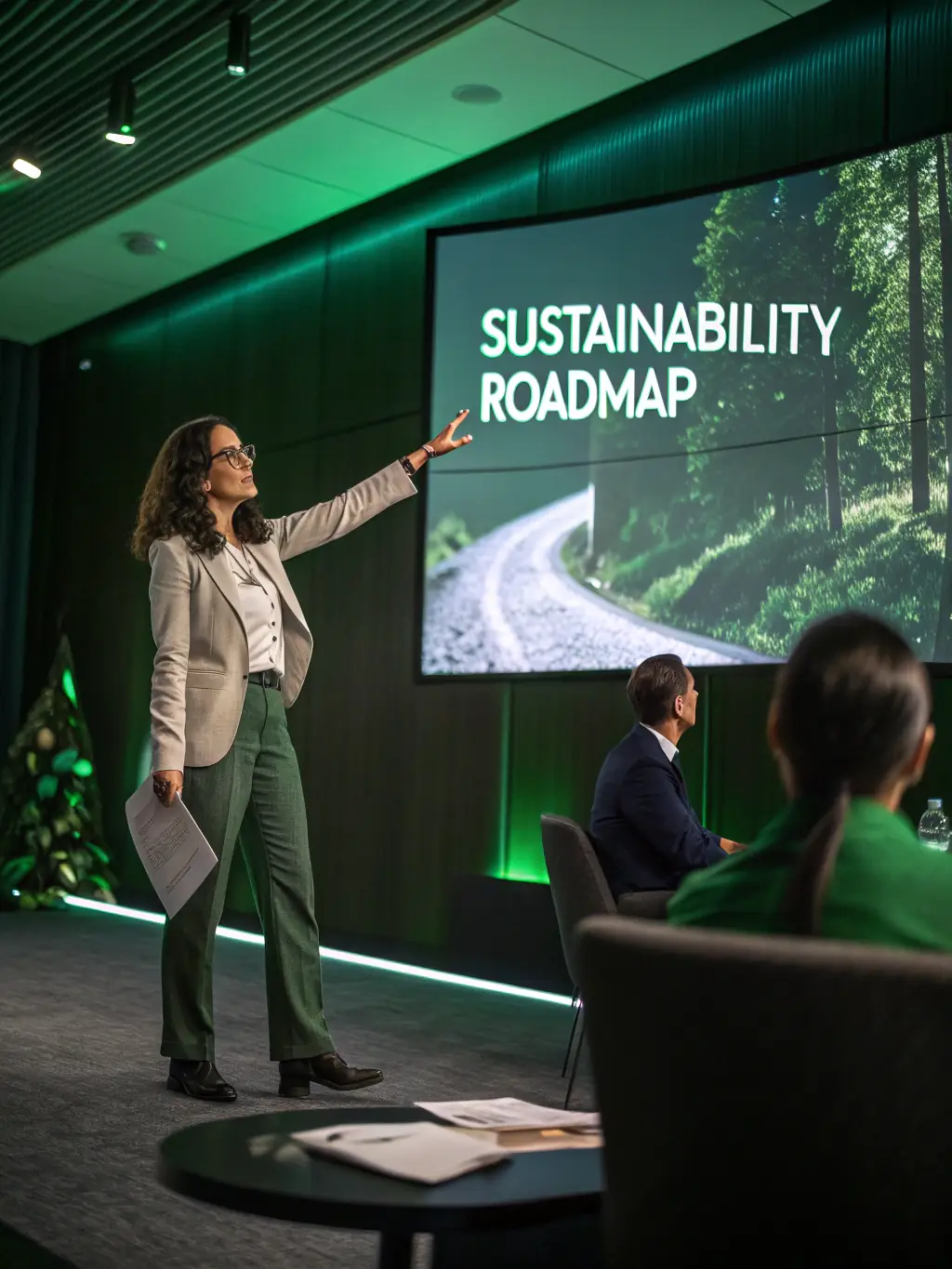 A professional giving a presentation to a group of people, highlighting the professional visibility gained by vendors on the Launch with Education Media platform.