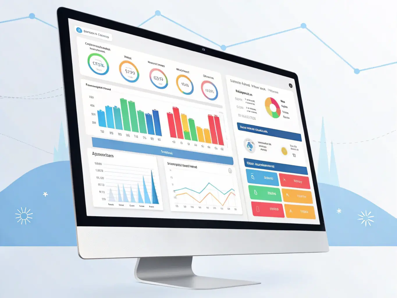 A digital illustration of a dashboard interface displaying key performance indicators (KPIs) and impact metrics, representing the tracking and reporting capabilities of the Launch platform for city and agency projects.