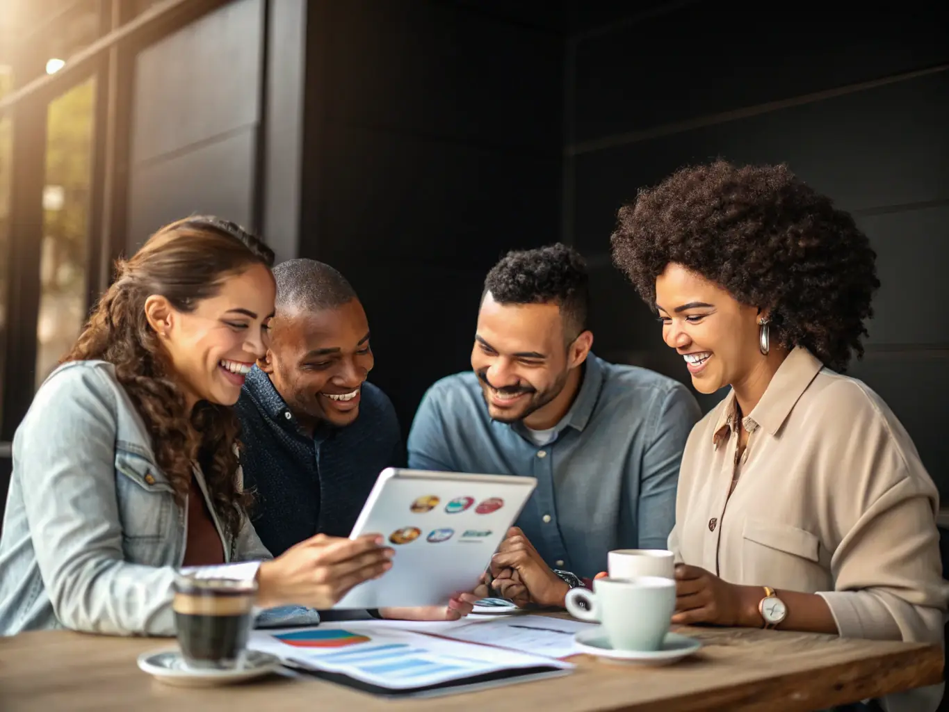 An image depicting a diverse group of small business owners collaborating on a project, symbolizing the wide range of vendors available on the Launch platform. The setting is a modern, collaborative workspace.