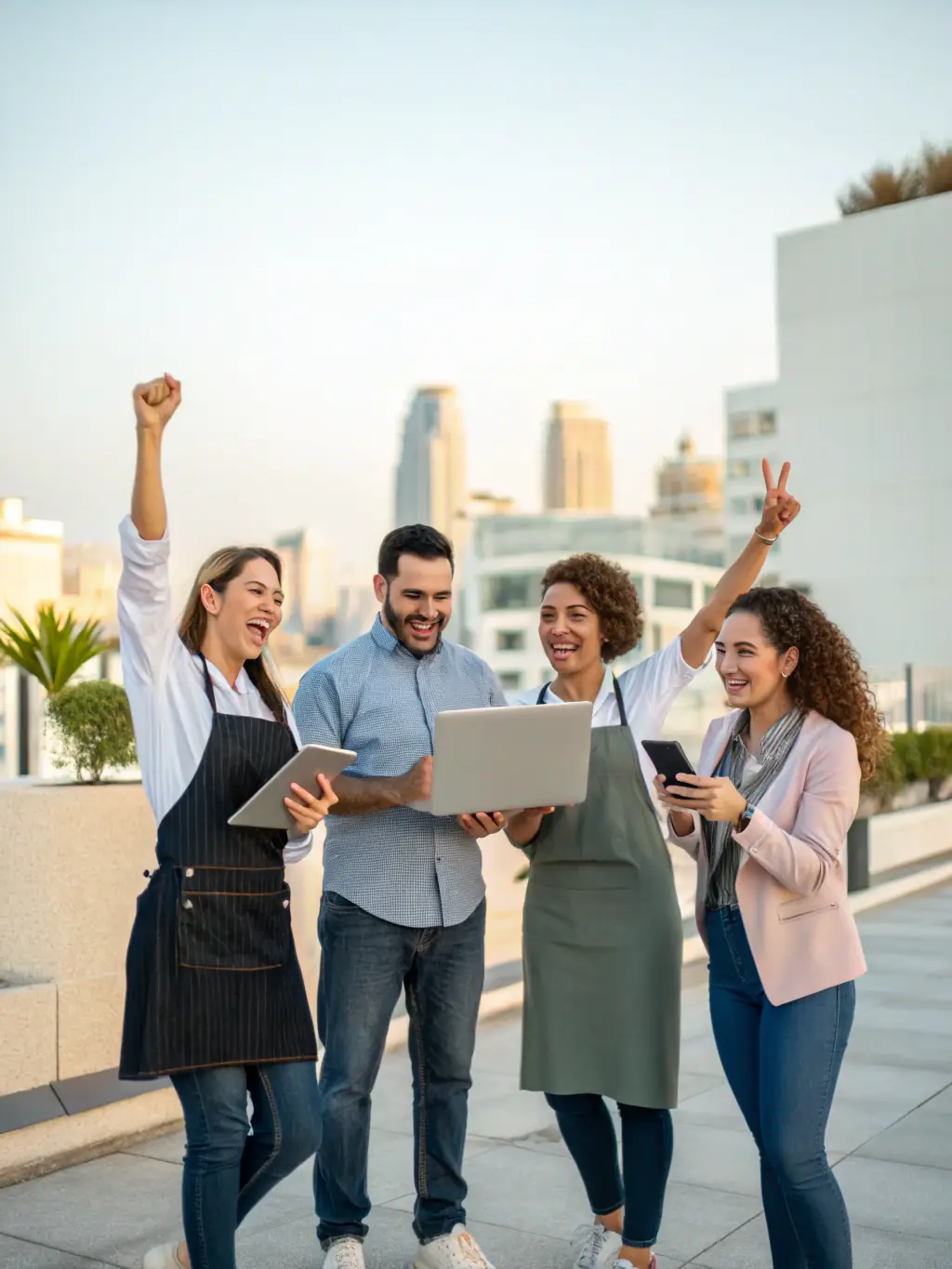 A diverse group of local business owners smiling and shaking hands at a community event, symbolizing local capacity building.