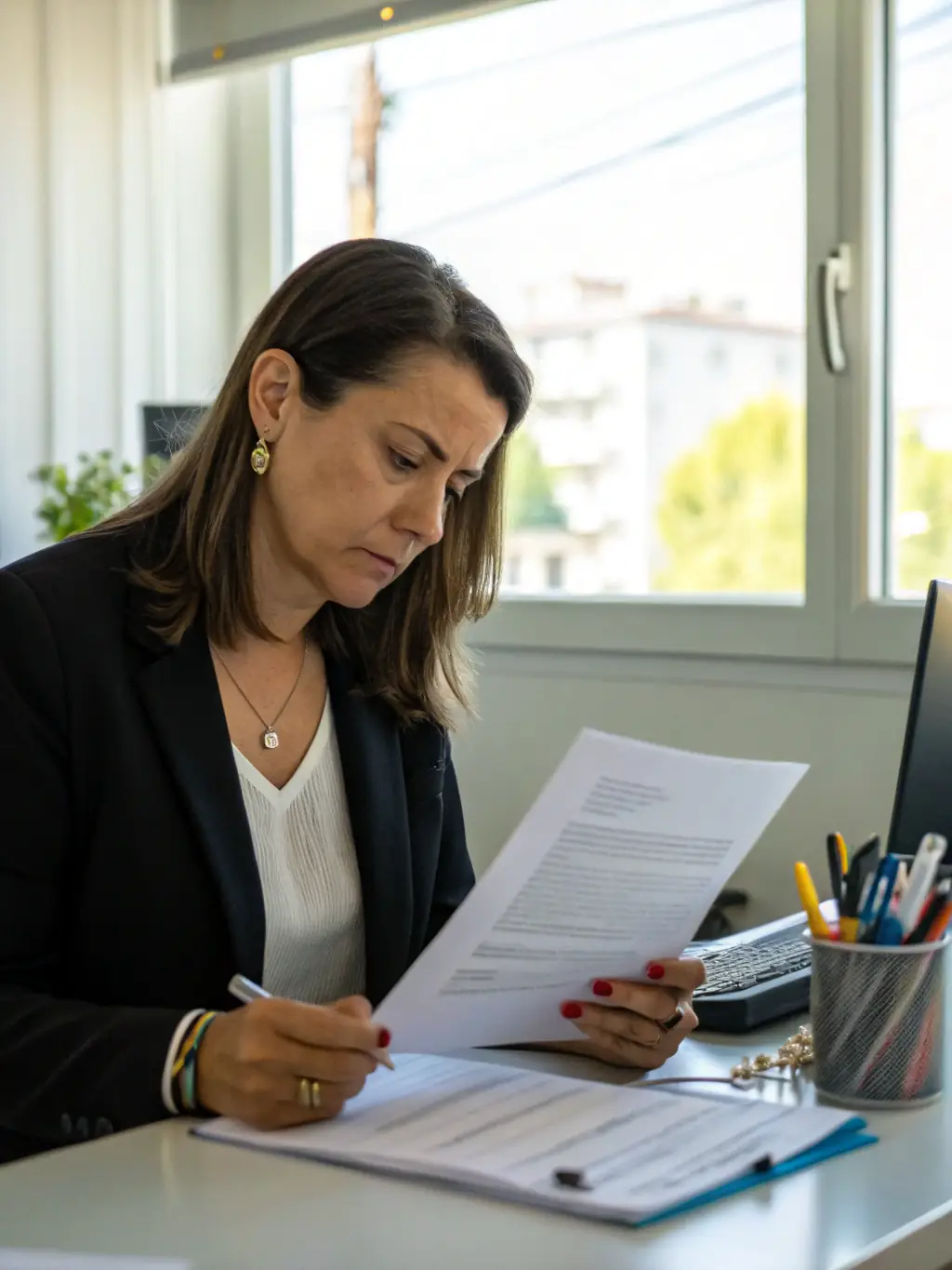A professional grant writer working at a desk, reviewing documents with a focused expression, symbolizing Launch's grant writing service.